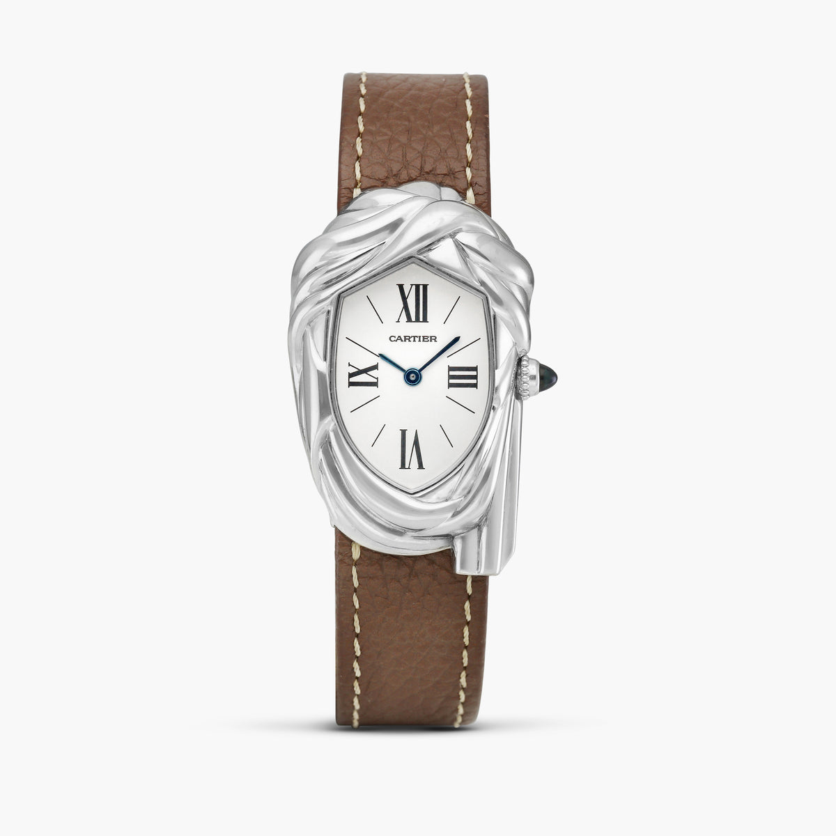 Unique Cartier Cheich in 18k white gold — white dial, brown leather strap, sculptural scarf-form case