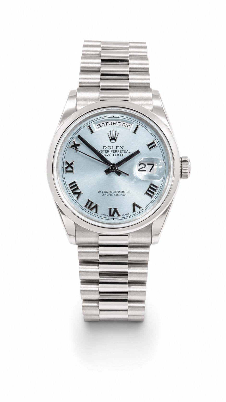 36mm Platinum President with Glacier blue roman dial and new style buckle